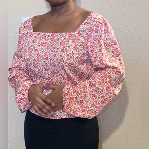 Lush floral print square neck balloon sleeve tie back top
